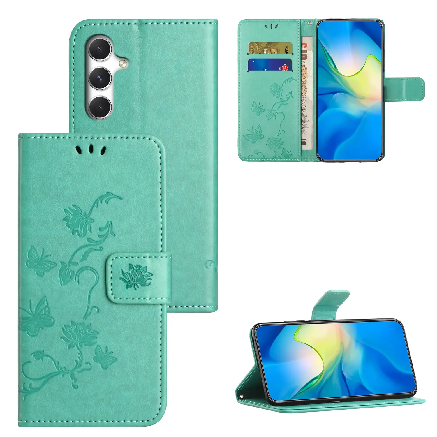 Läderfodral Fjärilar Samsung Galaxy A57 Grön