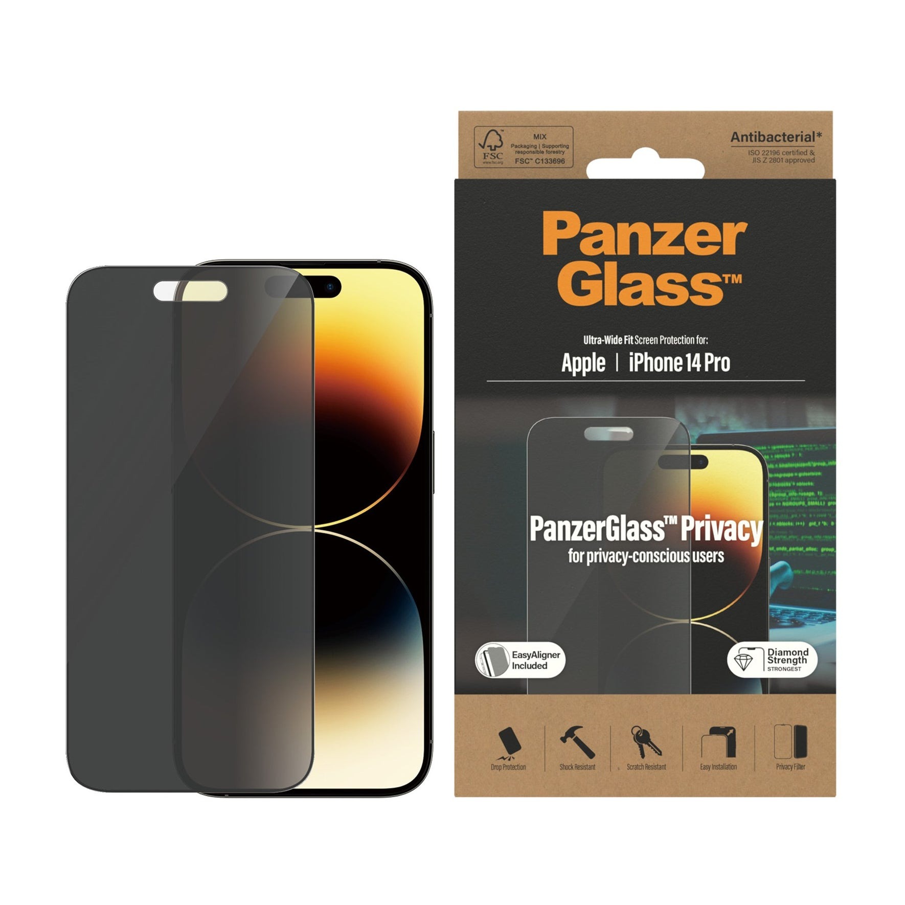 PanzerGlass iPhone 14 Pro Privacy Screen Protector (with EasyAligner) Ultra Wide Fit - Herdet glass personvernbildebeskytter med monteringsramme