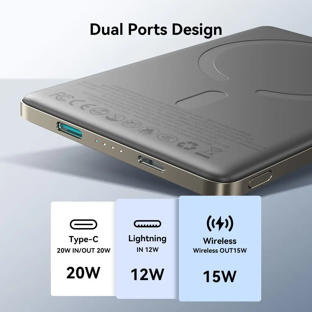 Trådlös Magnetisk Ultra Slim Powerbank 5000mAh 20W Grå