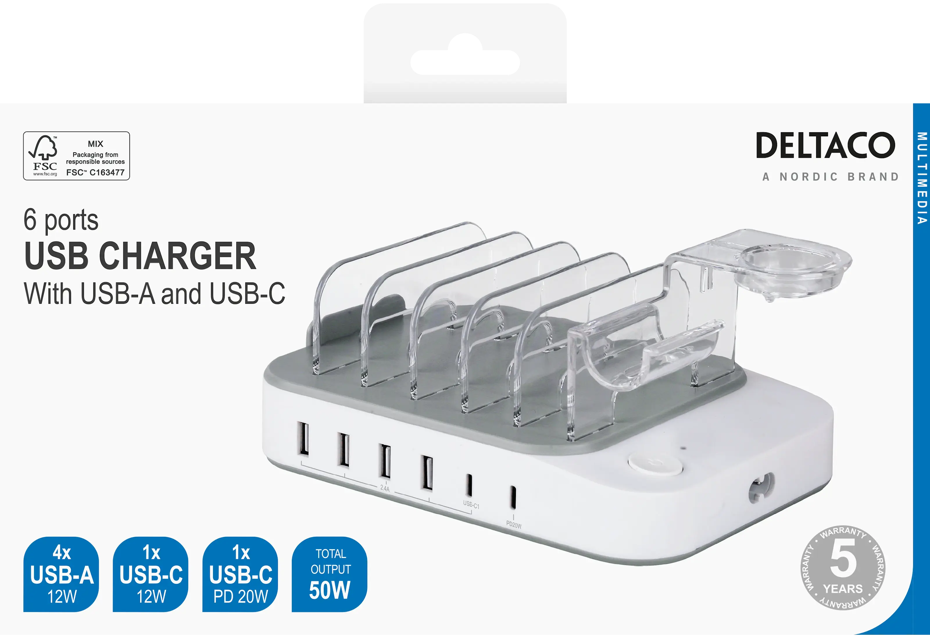 Laddningsstation för 6-enheter 4x USB-A, 2x USB-C 50W Vit