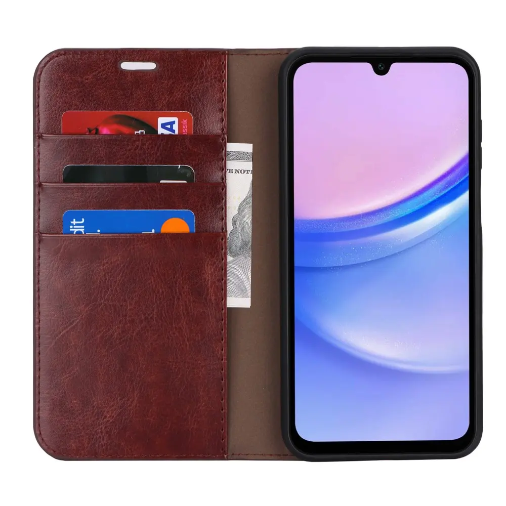 Mobilfodral Äkta Läder Samsung Galaxy A15 Mörkbrun