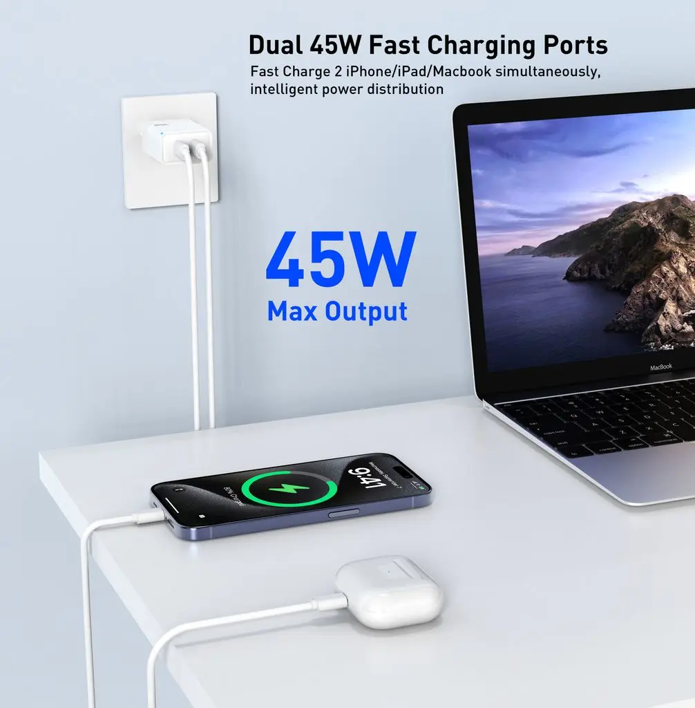 Dual USB-C PD GaN Laddare 45W Vit