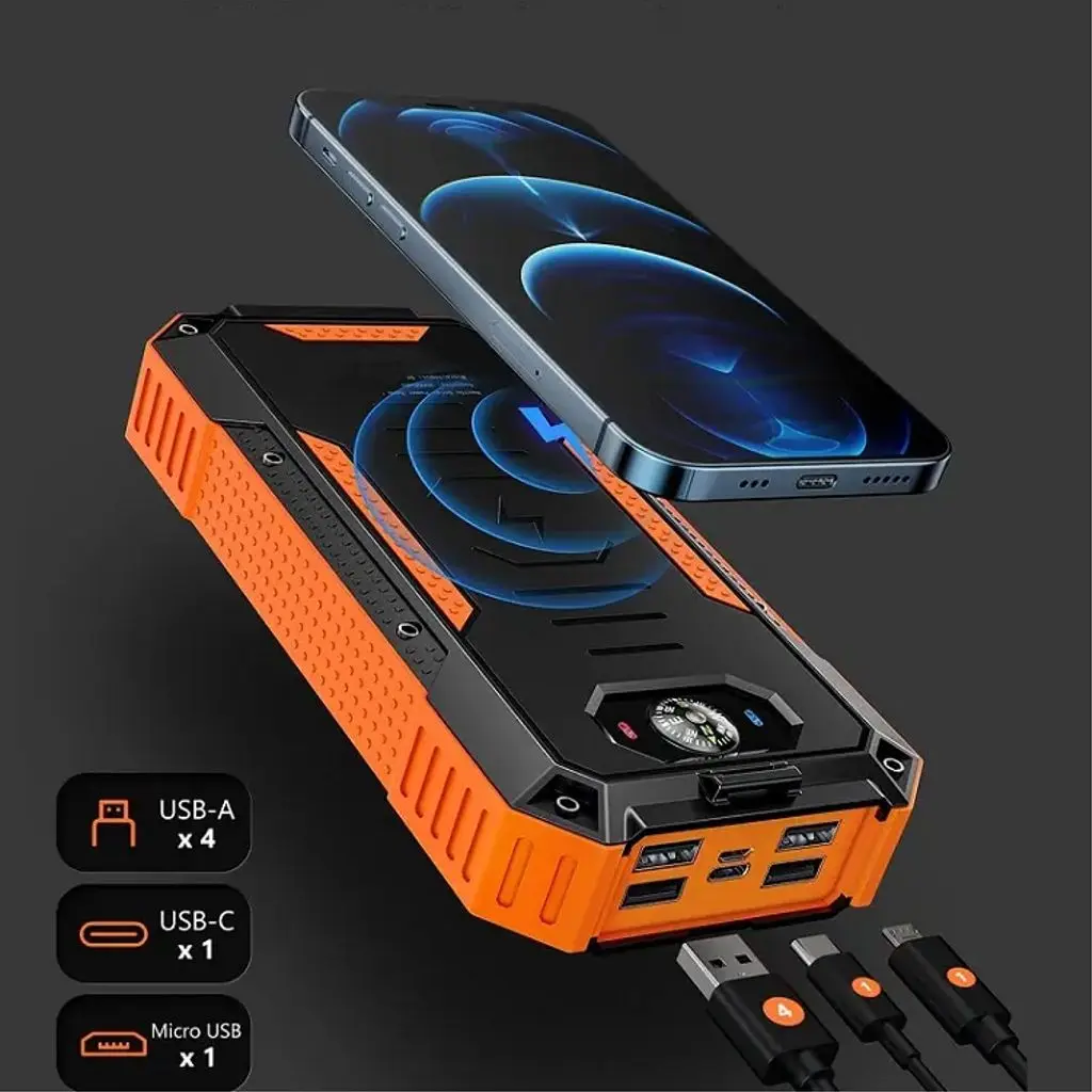 Solcell Powerbank med Trådlös Laddning 20000mAh Orange