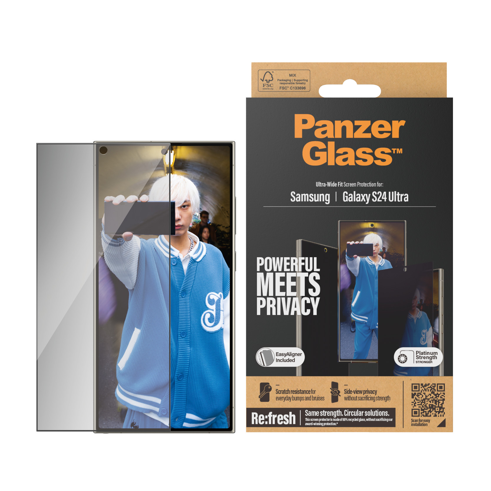 PanzerGlass Samsung Galaxy S24 Ultra Privacy Screen Protector (with EasyAligner) Ultra Wide Fit - Herdet glass personvernbildebeskytter med