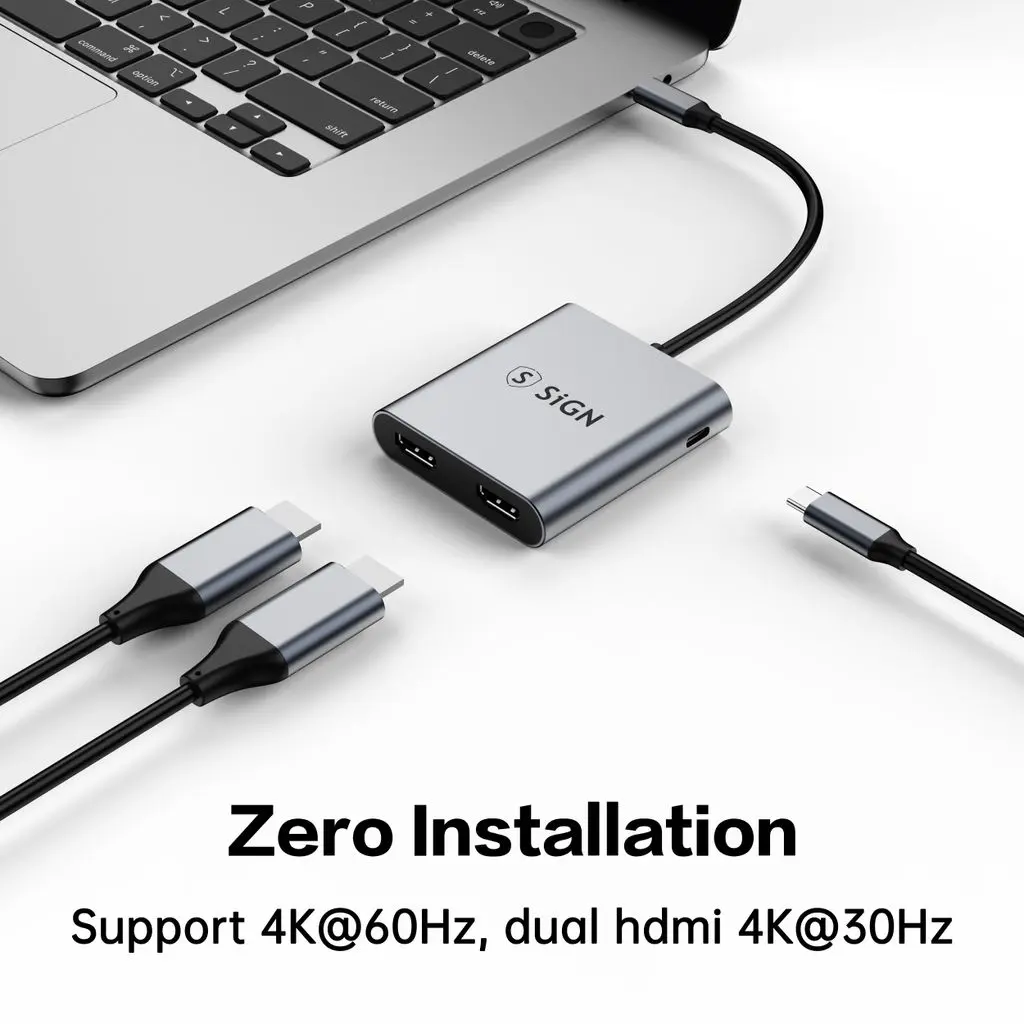 2-i-1 adapter USB-C till 2x HDMI + 1x USB-C 100W Grå