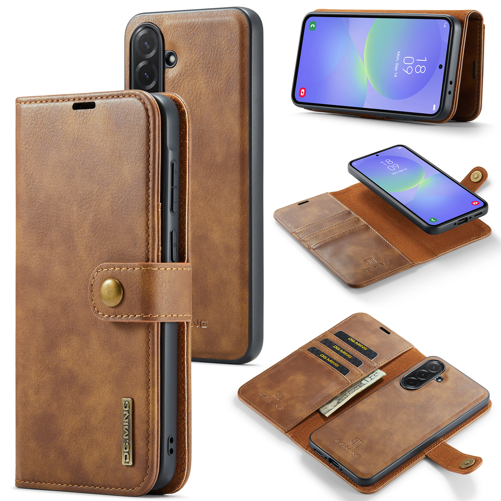 DG.MING Samsung Galaxy A37 Lommeboketui med avtakbart deksel, Cognac