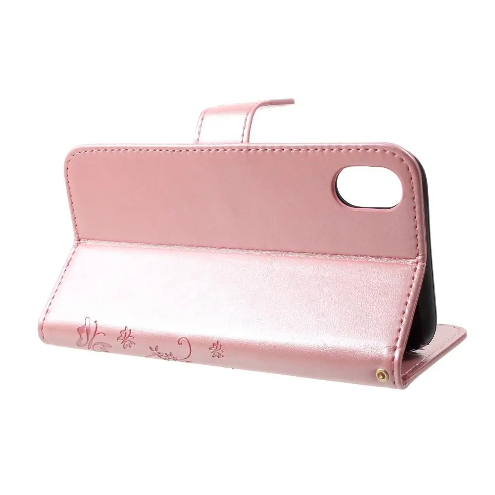 Läderfodral Fjärilar iPhone Xr Roséguld