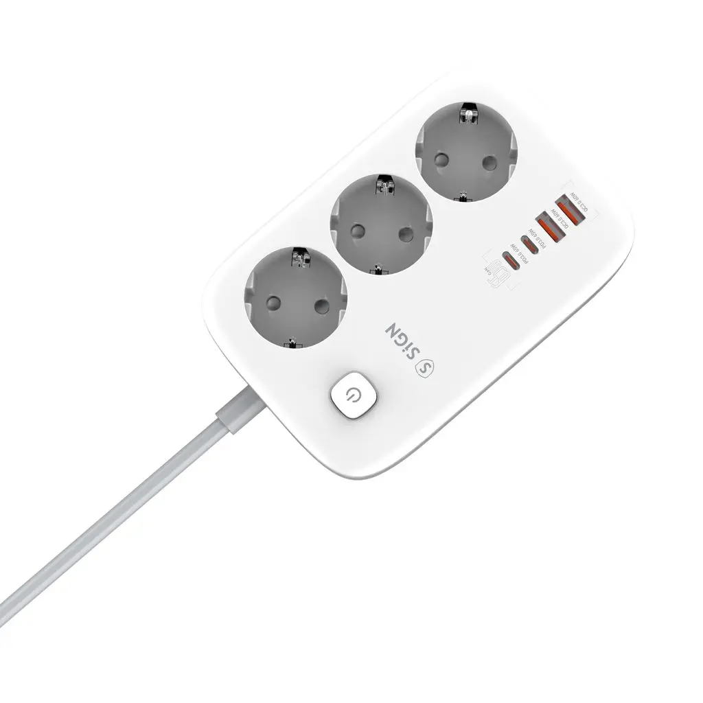 3-vägs Grenuttag GaN 65W med 2 x USB-C + 2 x USB-A 2m Vit