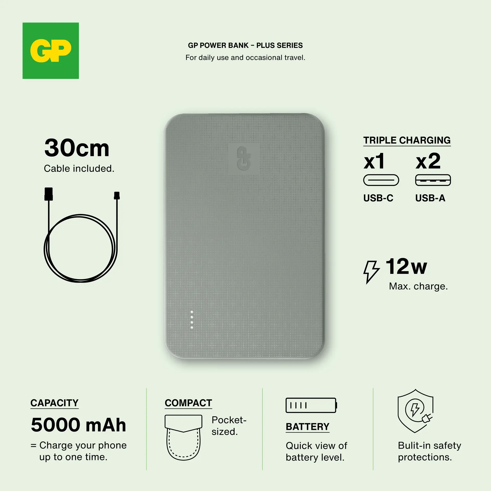 Powerbank Plus 5000mAh Grå
