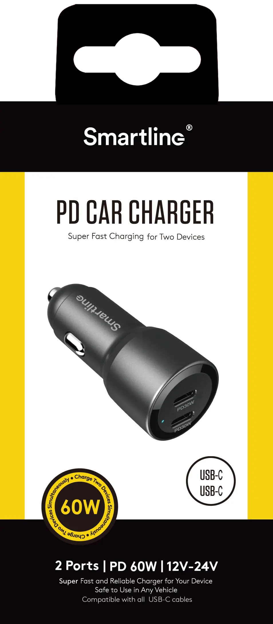 Billaddare USB-C x2 60W PD svart