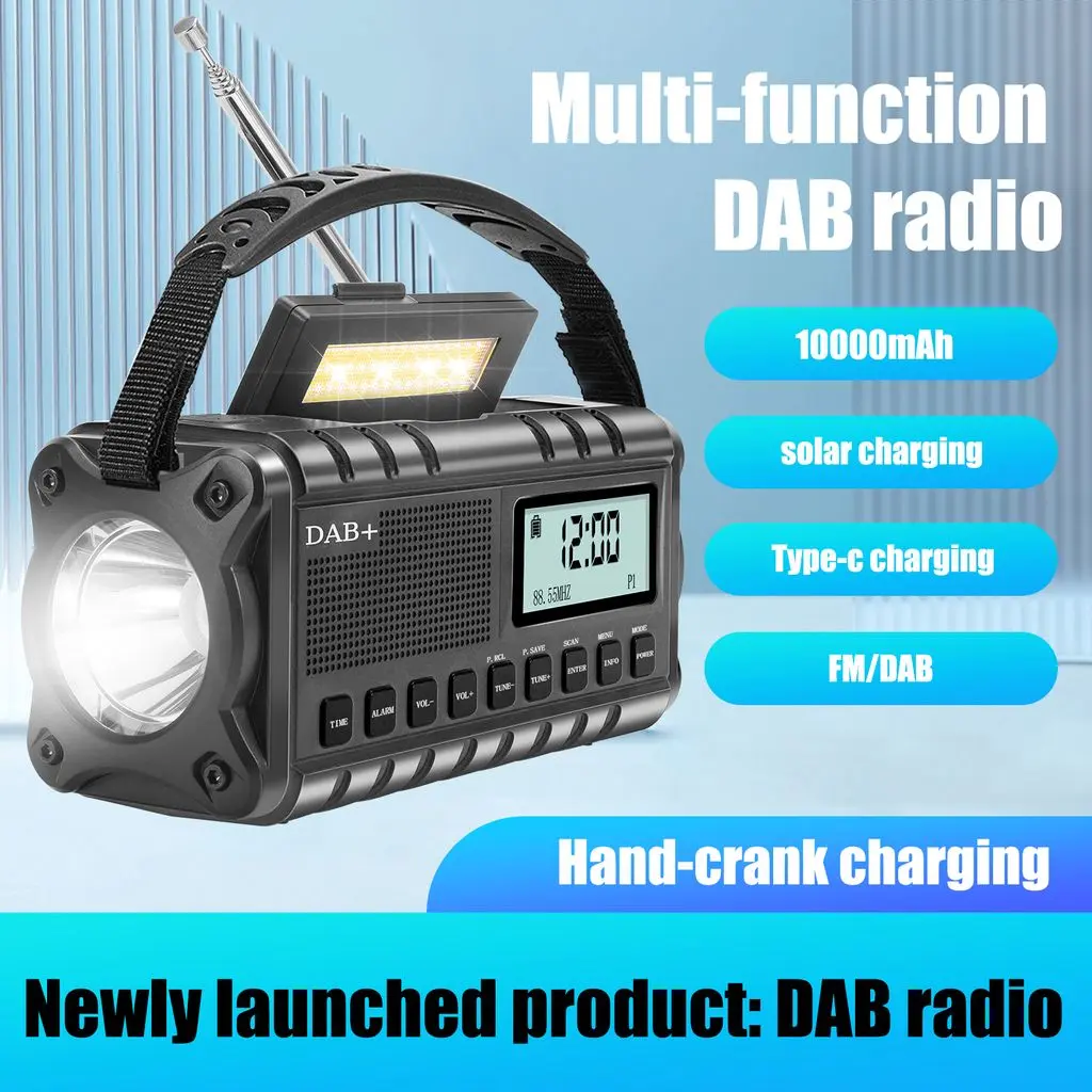 DAB+/FM Nödradio med handvev, powerbank, ficklampa och solceller Svart