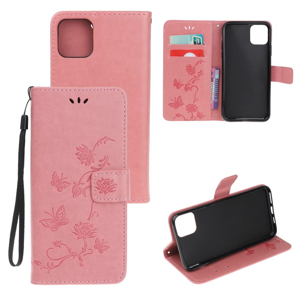Lærveske Sommerfugler iPhone 12/iPhone 12 Pro Rosa - Fint lommeboketui med mønster
