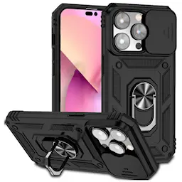iPhone 15 Pro Cover med kamerabeskyttelse & fingerring, Sort