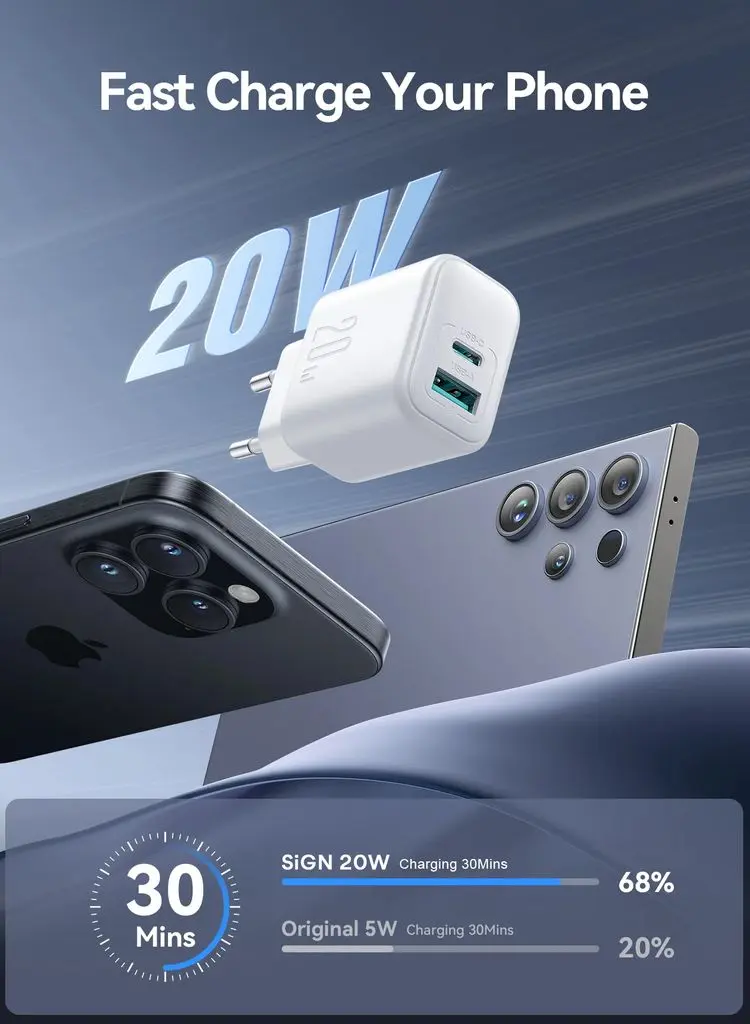 PD Snabbladdare USB-C + USB-A 20W Vit