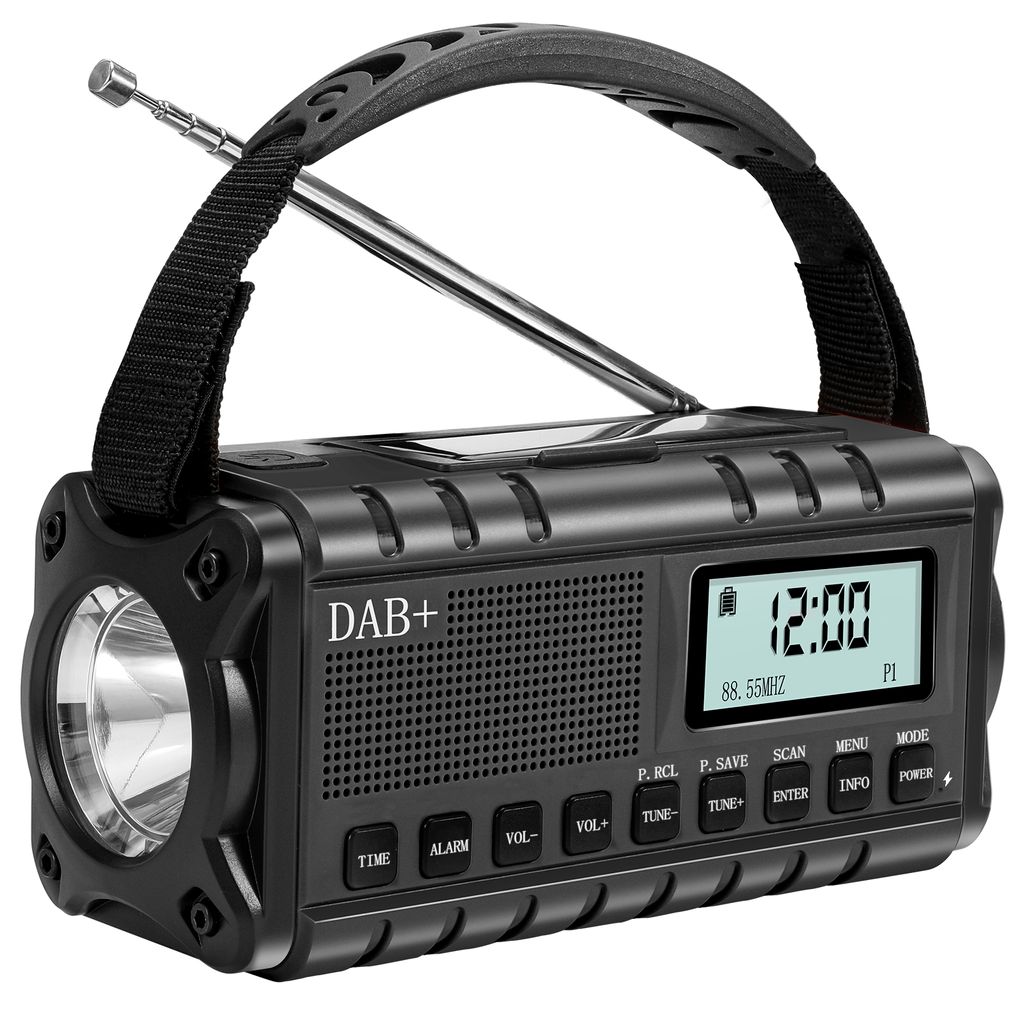 SiGN DAB+/FM multifunksjonell nødradio med håndsveiv, lommelykt og solceller, Svart