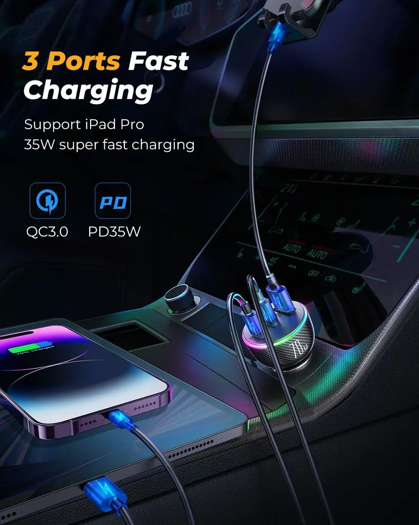 LED Billaddare USB-A + 2 x USB-C 90W Svart