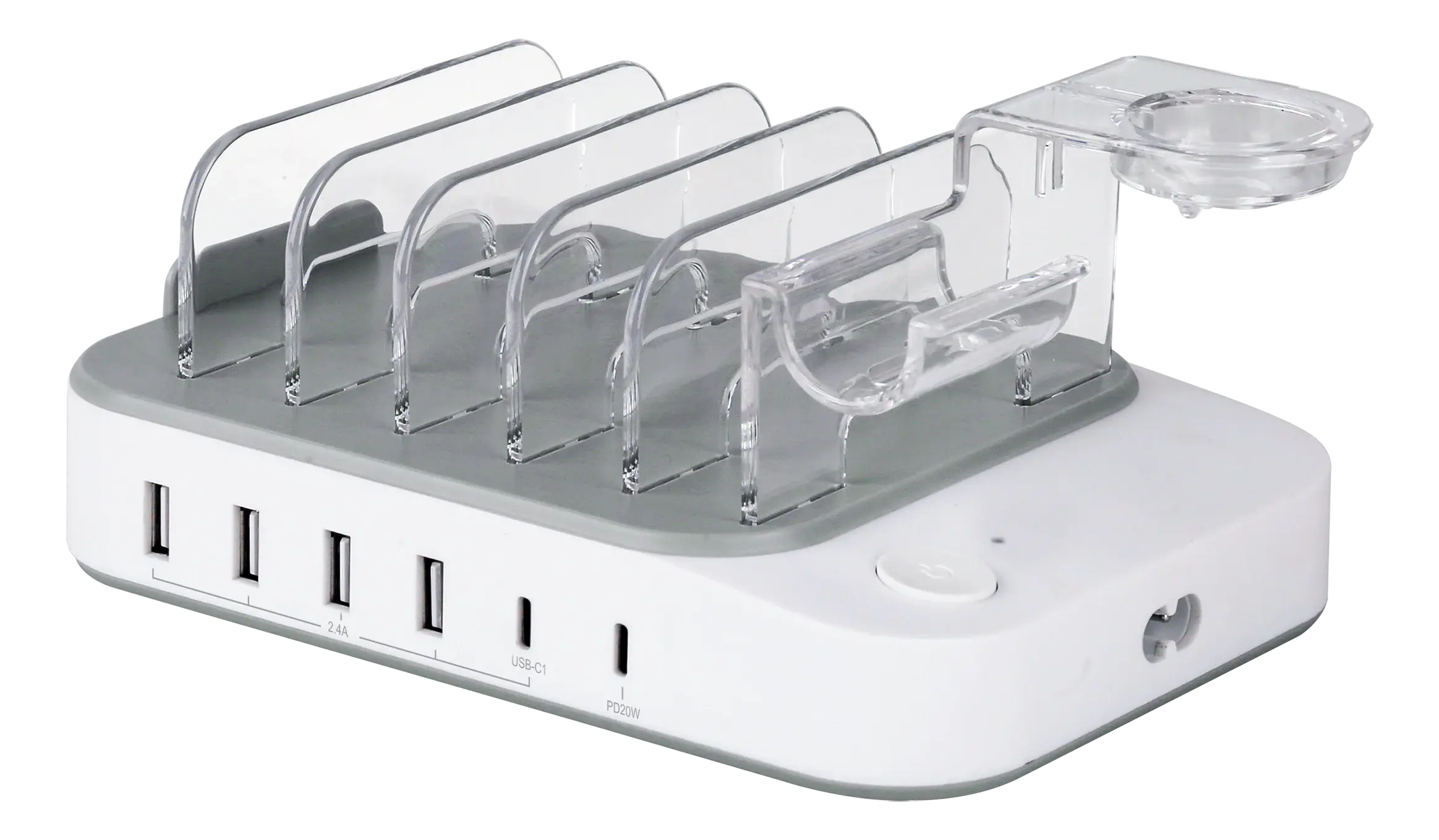 Ladestation til 6 enheder, 4 x USB-A, 2 x USB-C, 50W Hvid