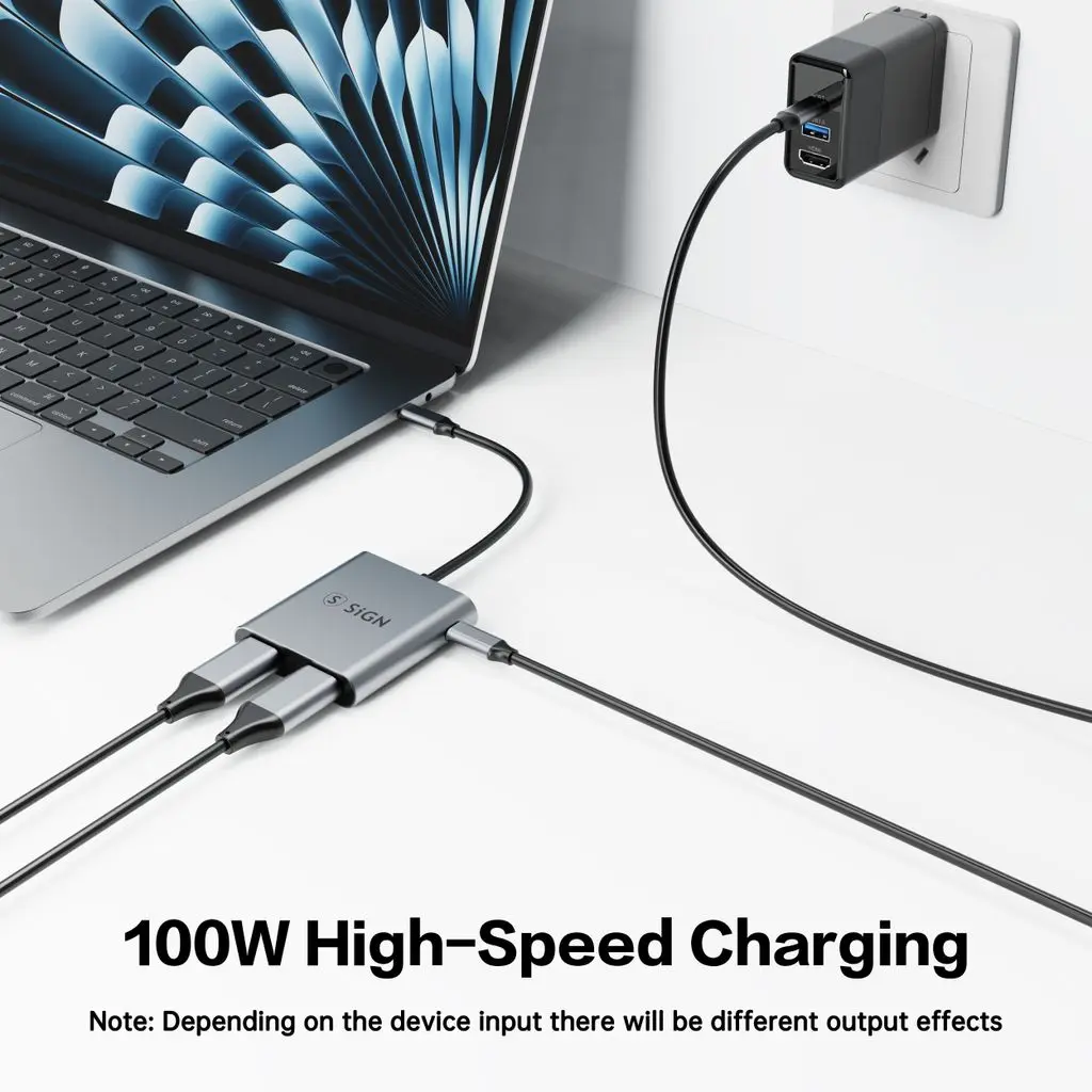 2-i-1 adapter USB-C till 2x HDMI + 1x USB-C 100W Grå