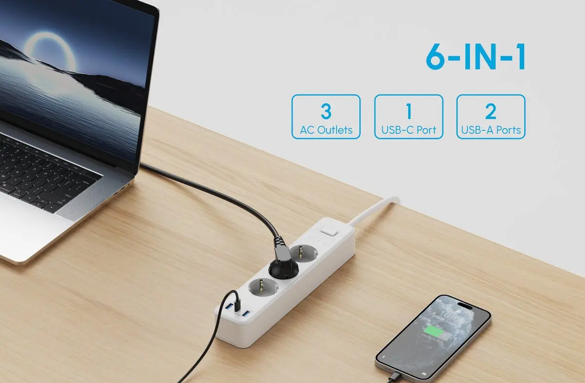 Grenuttag 3-vägs med USB-C + 2x USB-A 1.5m Vit