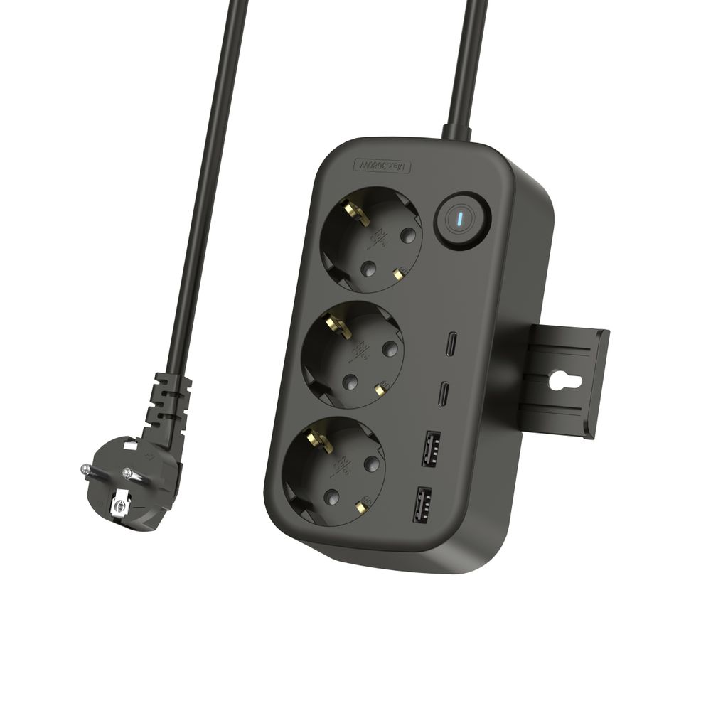 NEXTBATT Jordet grenuttak 3-veis med strømbryter 230V + 2x USB-C +