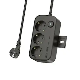 Jordet stikdåse med afbryder 3-vejs + 2x USB-C + 2x USB-A 230V, 1.5m, Sort