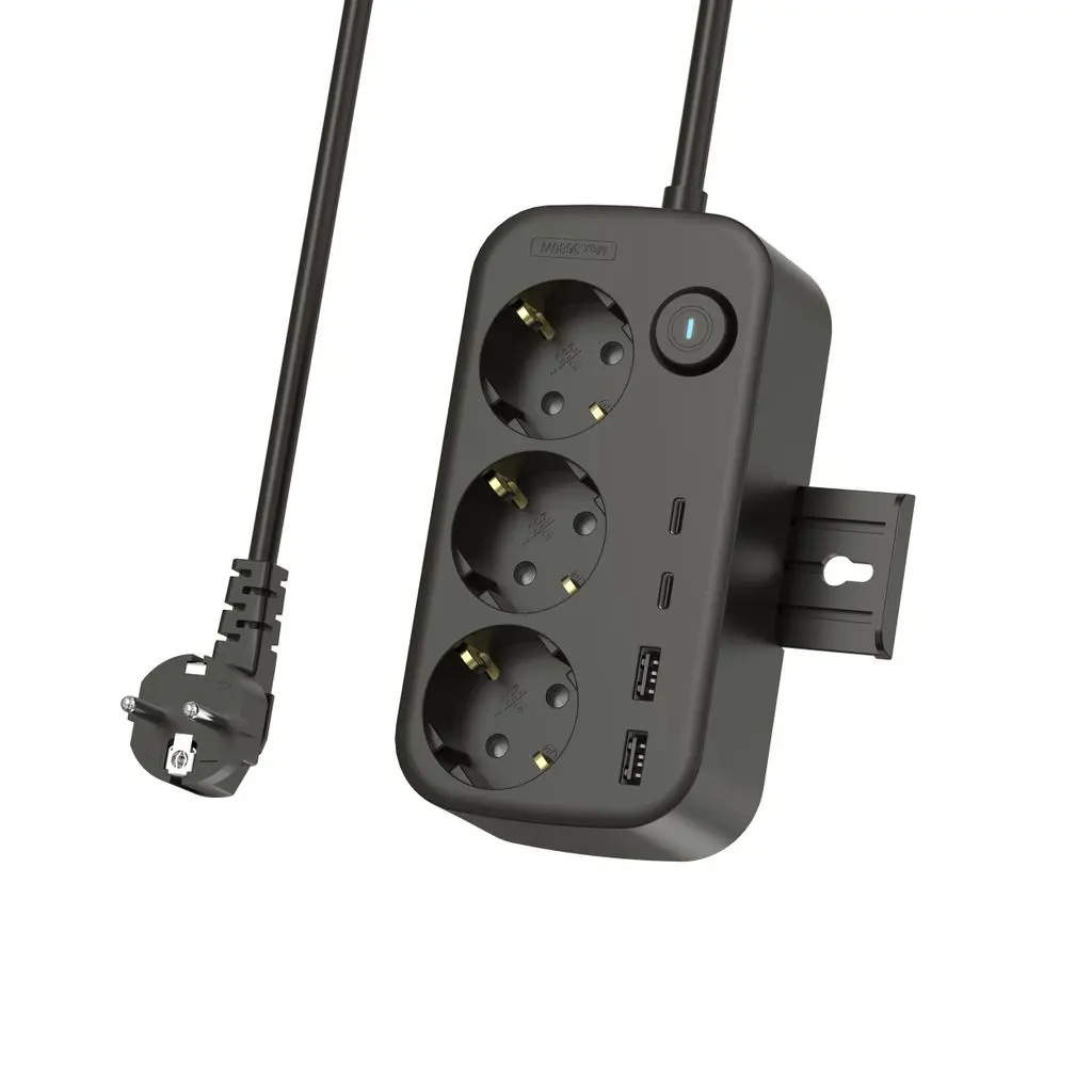 Jordet stikdåse med afbryder 3-vejs + 2x USB-C + 2x USB-A 230V, 1.5m, Sort