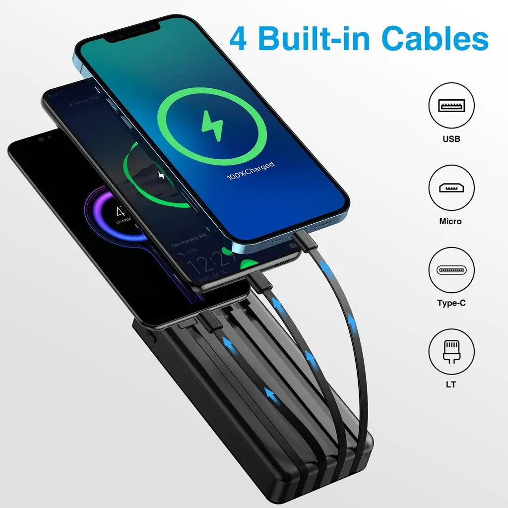 Solcell Powerbank med inbyggda kablar 20000mAh Svart