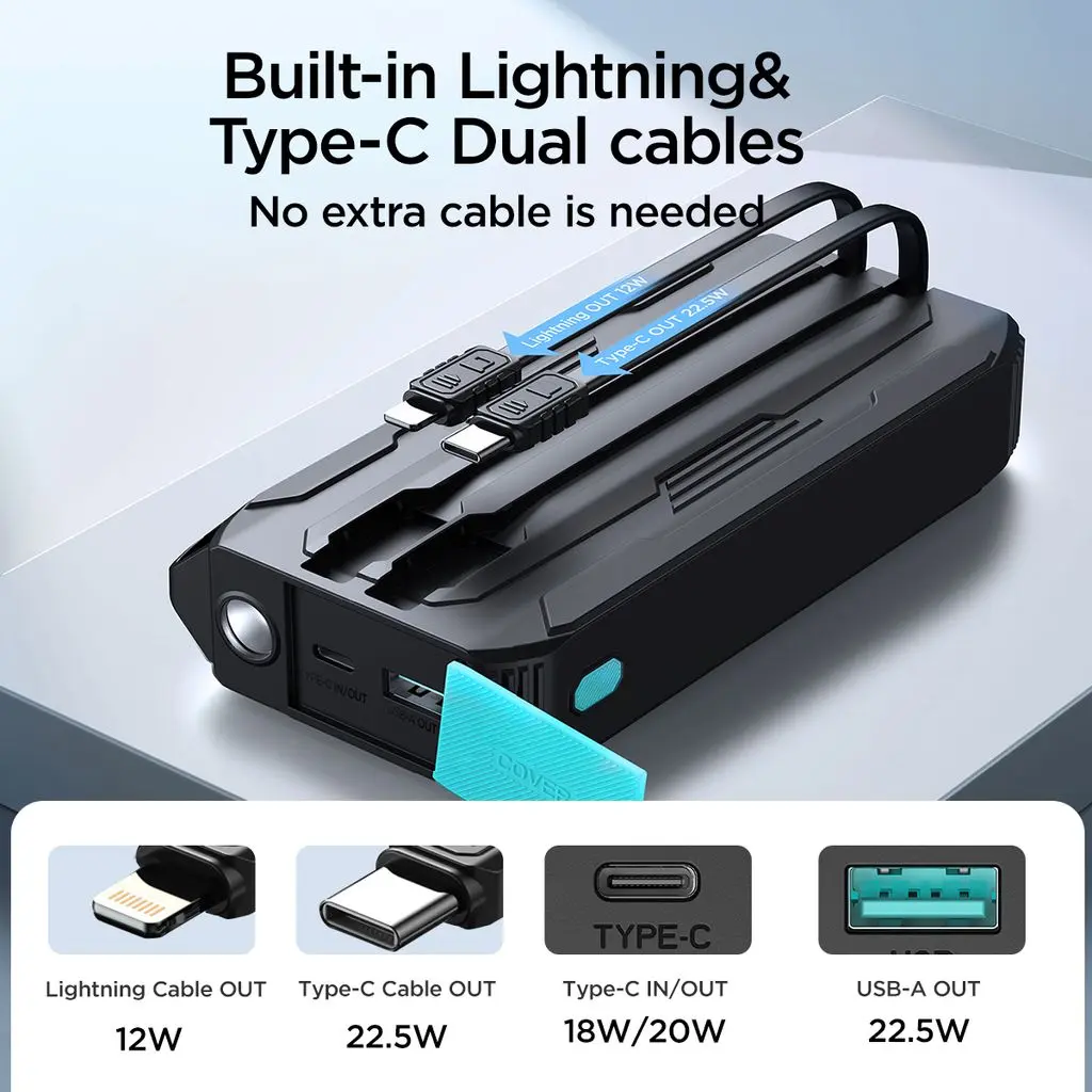 Powerbank med inbyggd kablar 20000 mAh 22.5W Svart