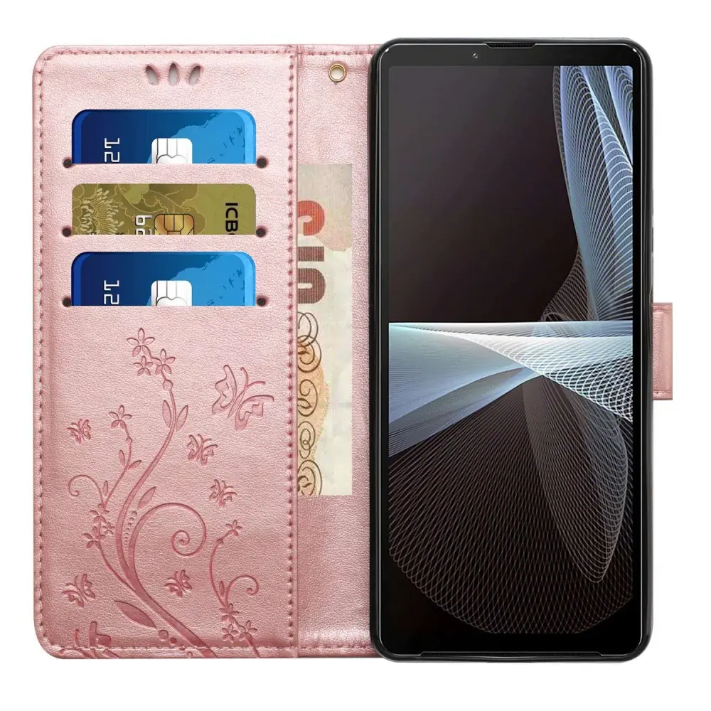 Läderfodral Fjärilar Sony Xperia 10 VI Rosa guld