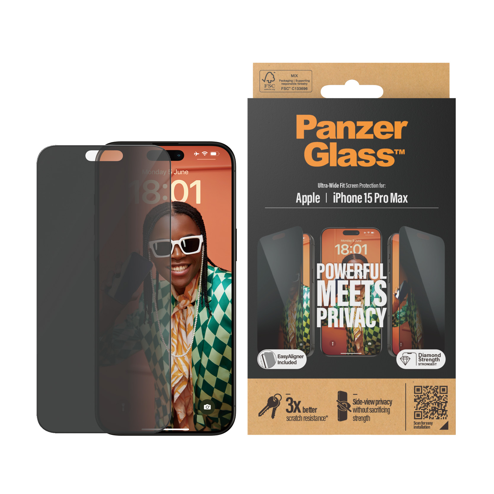 PanzerGlass iPhone 15 Pro Max Privacy Screen Protector (with EasyAligner) Ultra Wide Fit - Herdet glass personvernbildebeskytter med monteringsramme