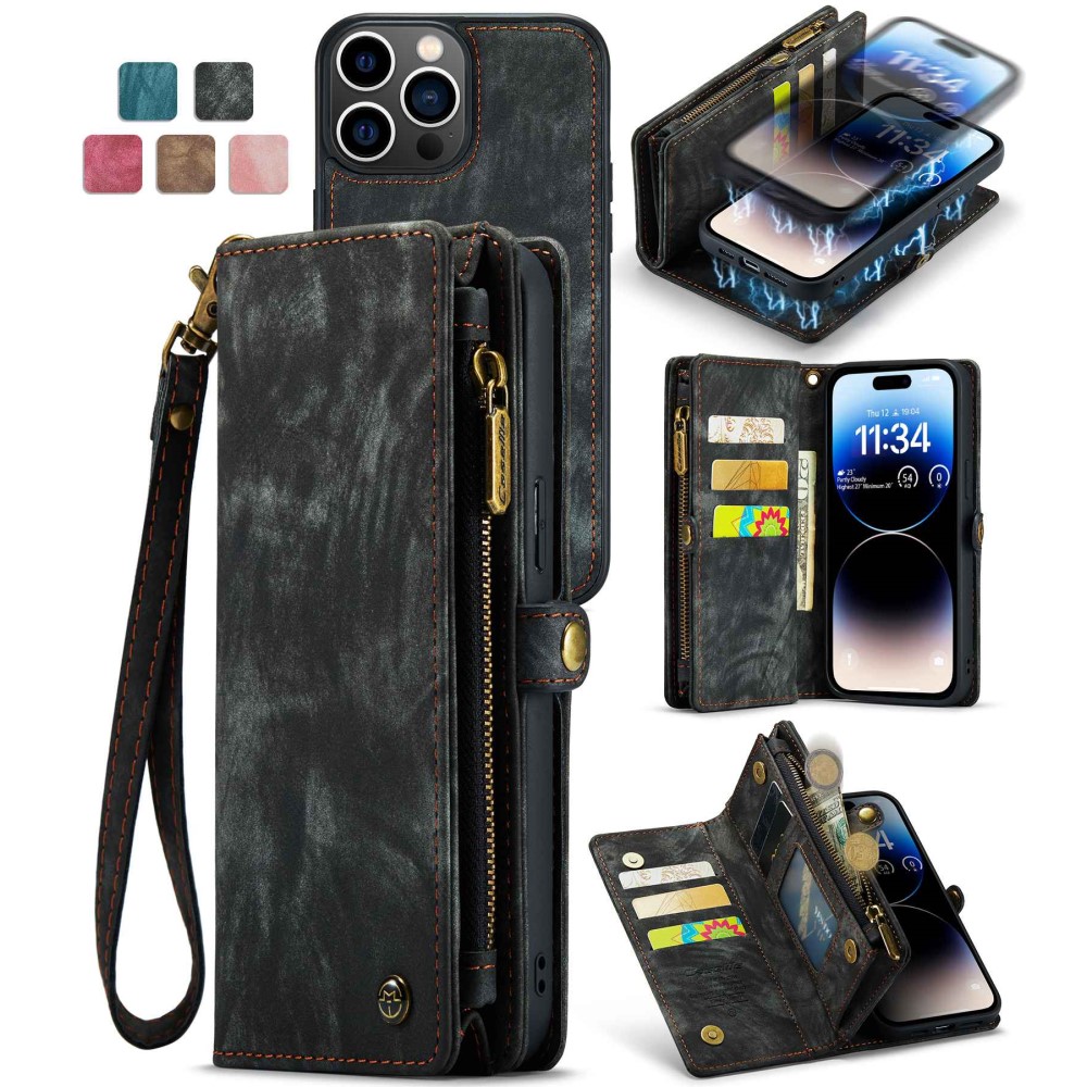 CaseMe Multi-slot Lommeboksetui iPhone 12 Pro Max Grå - Mobildeksel med ekstra mange kortplasser - Kortholder