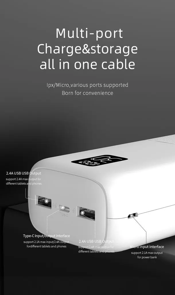 Powerbank 30000 mAh Trippel Utgång 2x USB-A + 1x USB-C Vit