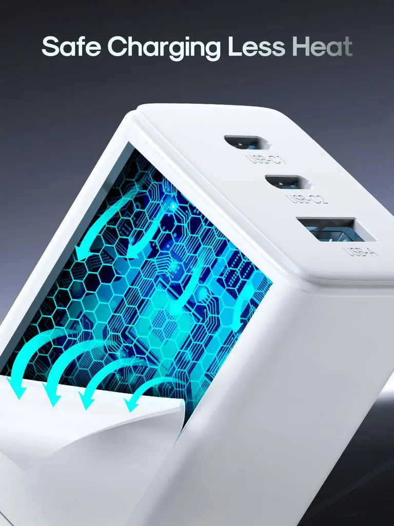 GaN Snabbladdare 2x USB-C & 1x USB-A 65W Vit