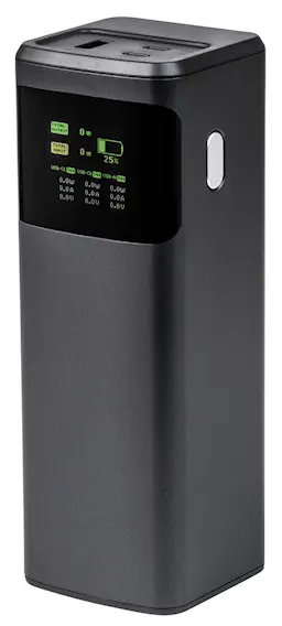 24000 mAh powerbank med display USB-A + USB-C 140W, Sort
