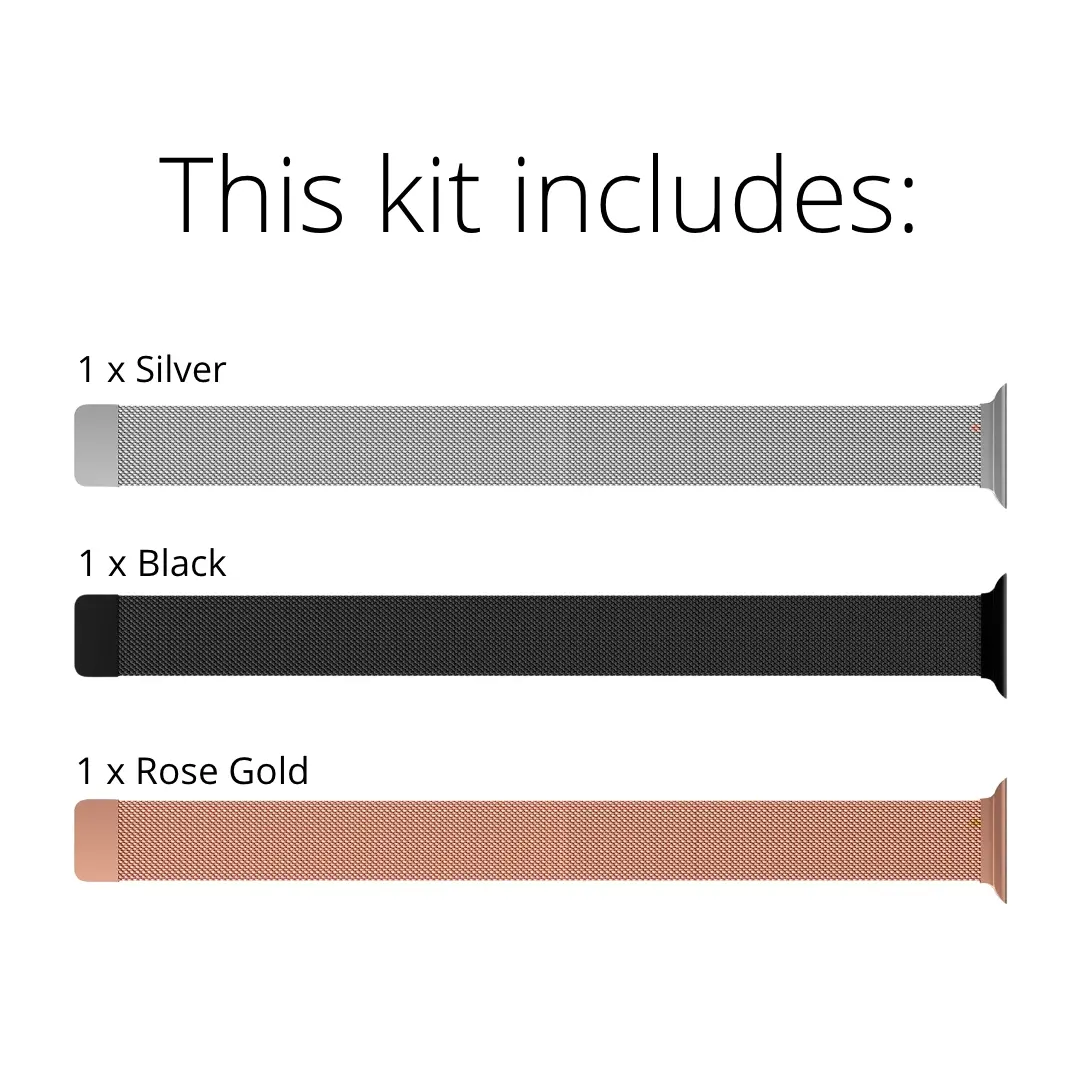 Apple Watch SE 3 40mm Kit Armband Milanese Loop svart, silver, roséguld