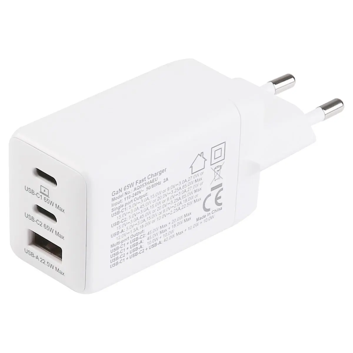 GaN Väggladdare USB-A + 2 x USB-C 65W Vit