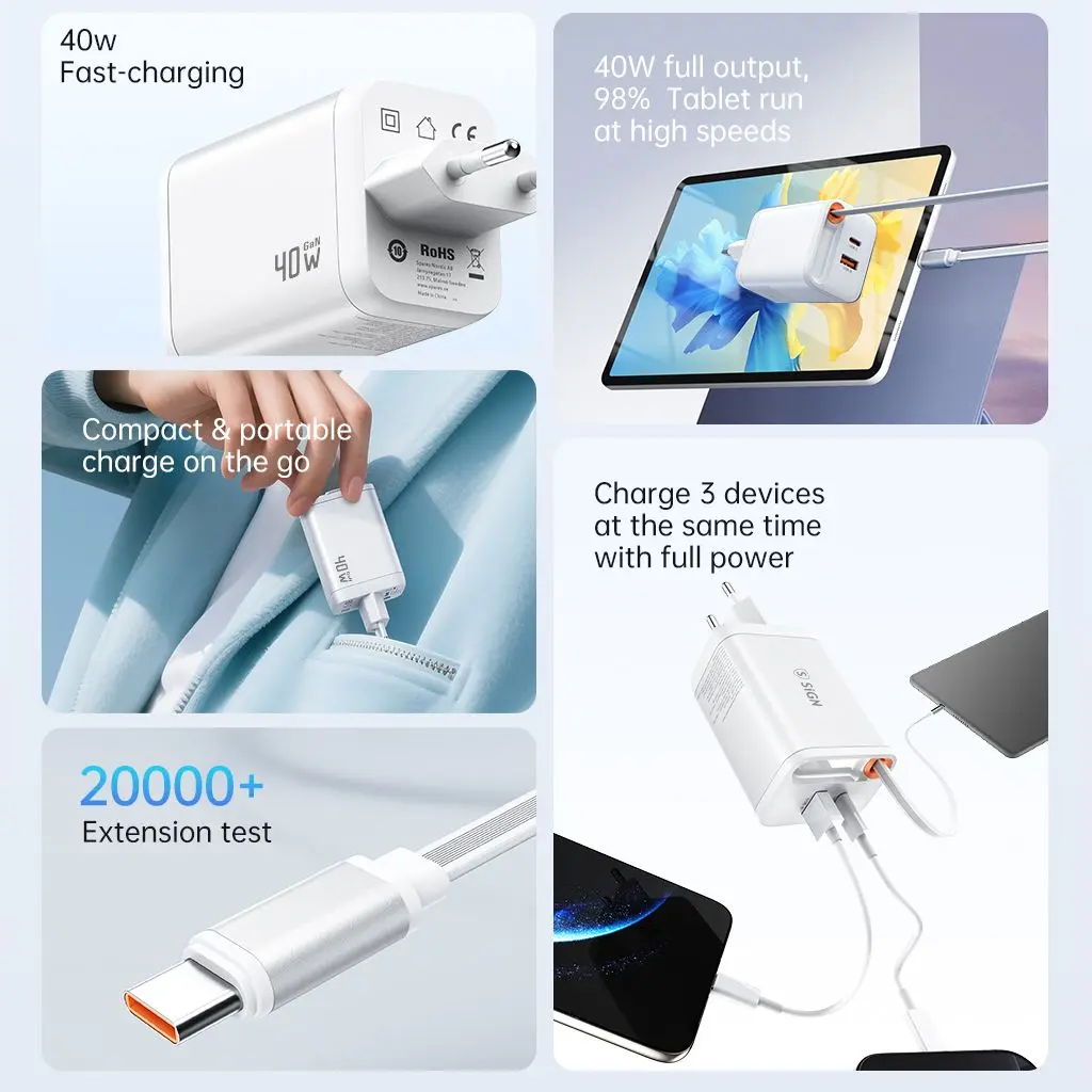 GaN Snabbladdare USB-C & USB-A 40W med utdragbar USB-C kabel Vit