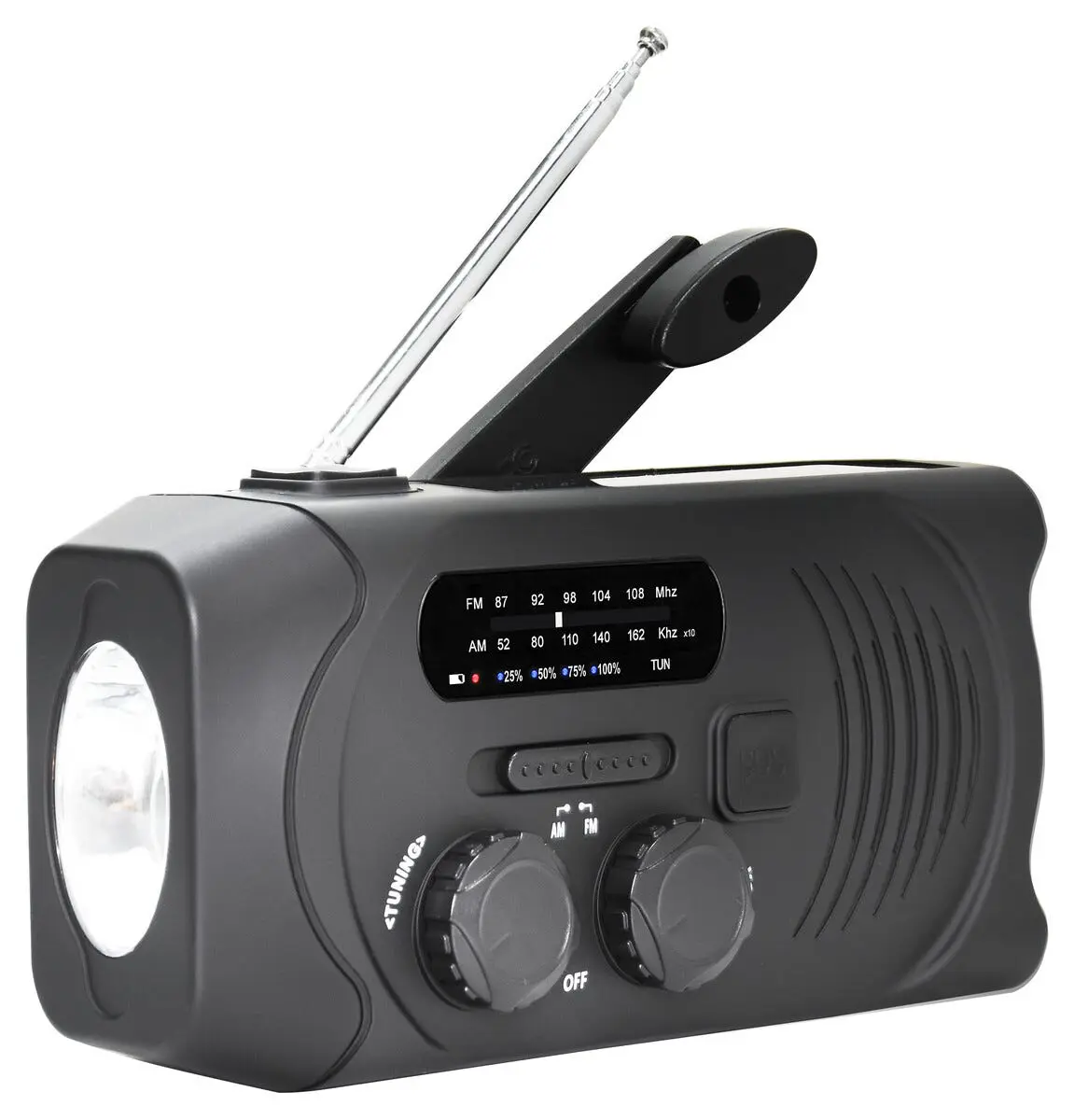 Nødradio med håndsving, solceller og powerbank Sort