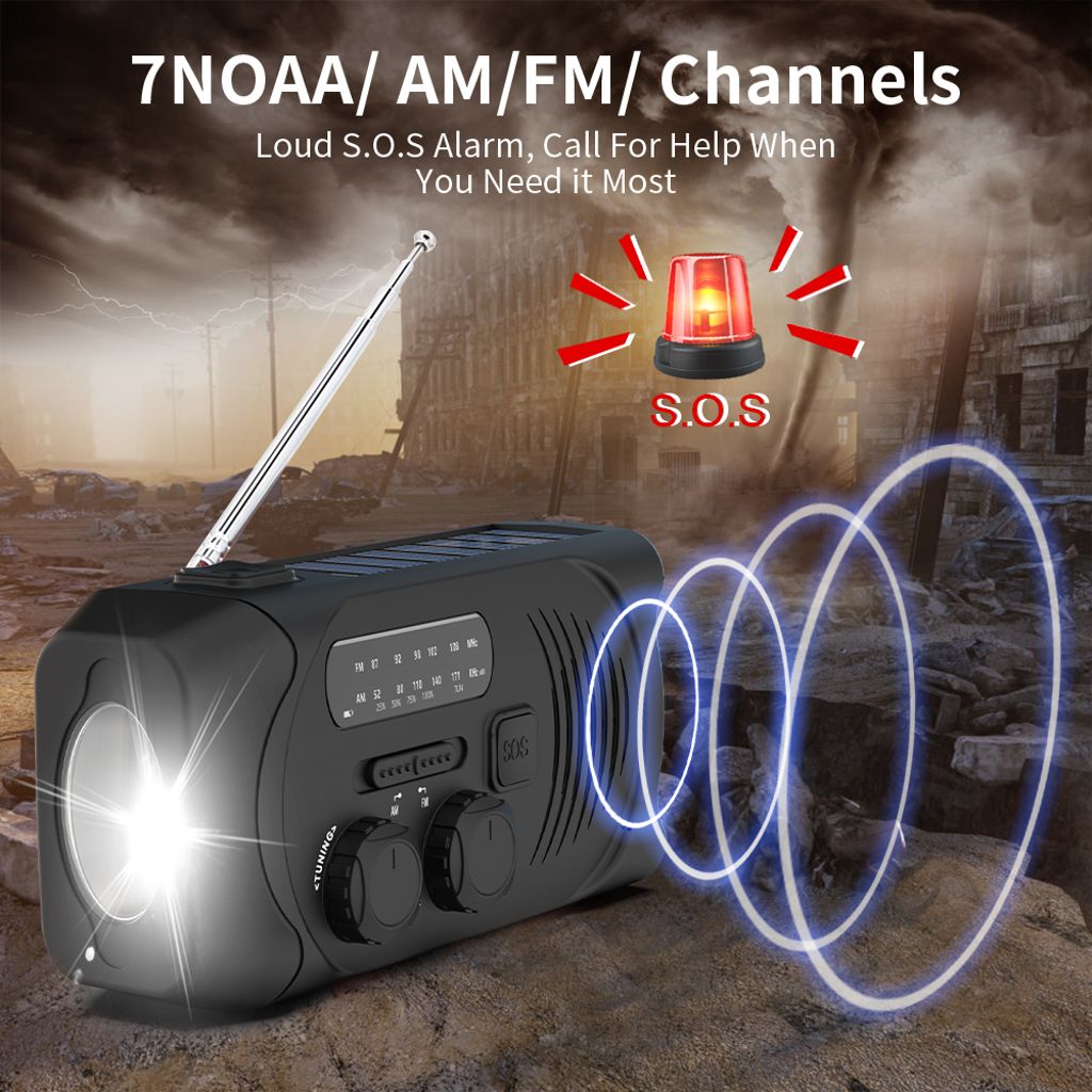 Vevradio med 2000 mAh Powerbank + solceller & ficklampa Svart