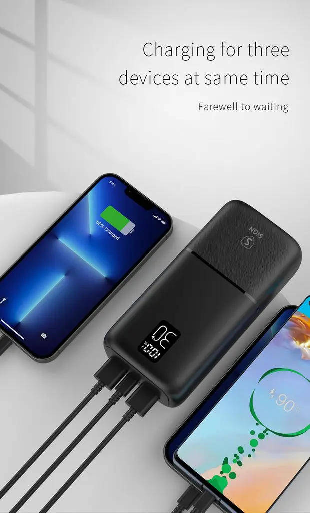 Powerbank 30000 mAh Trippel Utgång 2x USB-A + 1x USB-C Svart