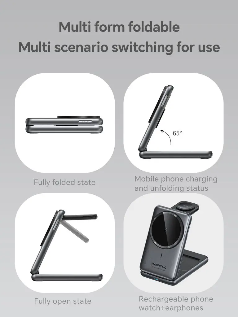 3-in-1 Vikbar Trådlös Magnetisk Laddningsstation 15W Svart