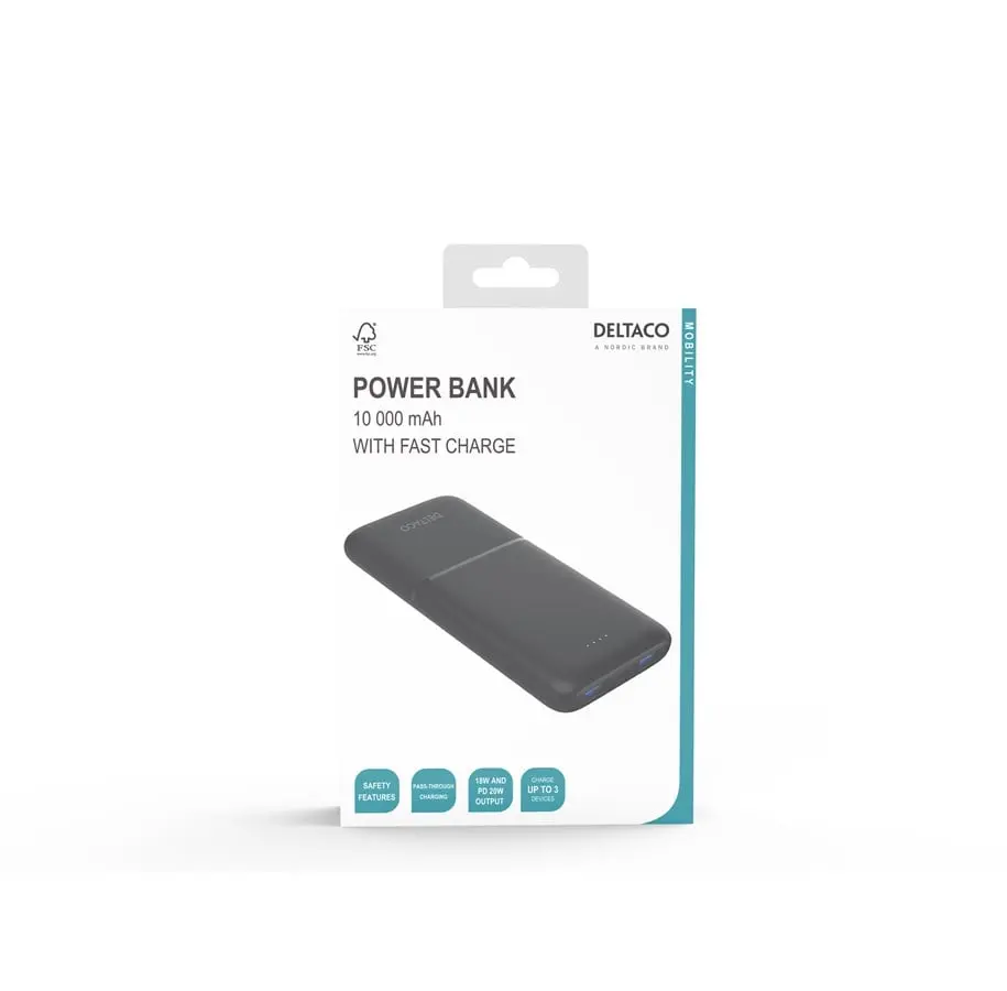 Powerbank USB-C + 2x USB-A 10000 mAh PD 20W Svart