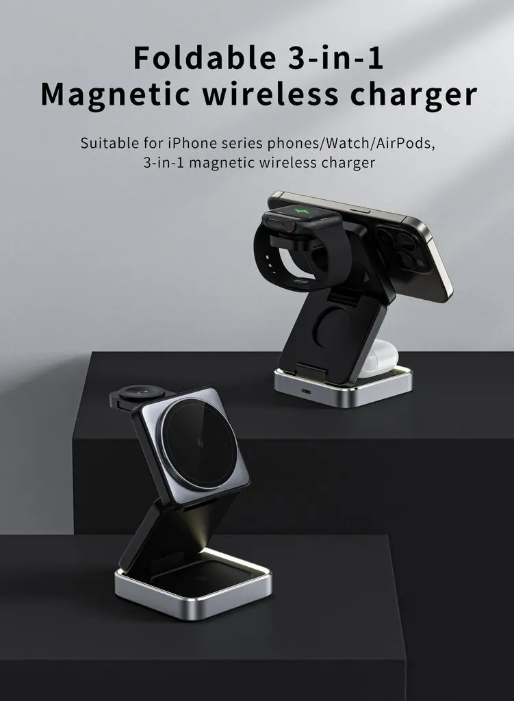 3-in-1 Vikbar Trådlös Magnetisk Laddningsstation 15W Svart