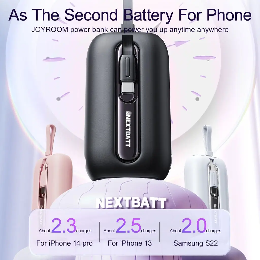 Mini Powerbank 10000 mAh 22.5W med inbyggda kablar Svart