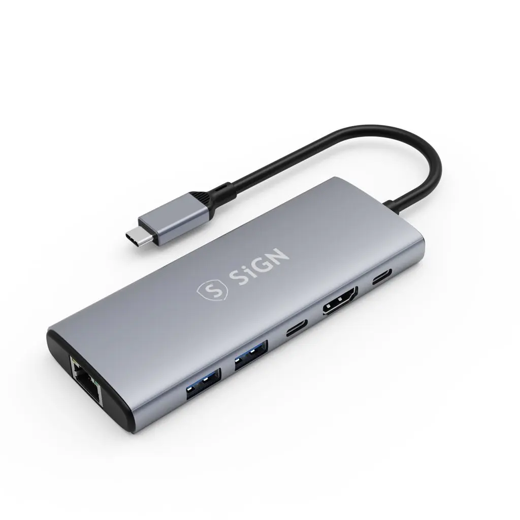 6-i-1 hub USB-C til 2x USB-A + Ethernet + HDMI + USB-C + PD Grå