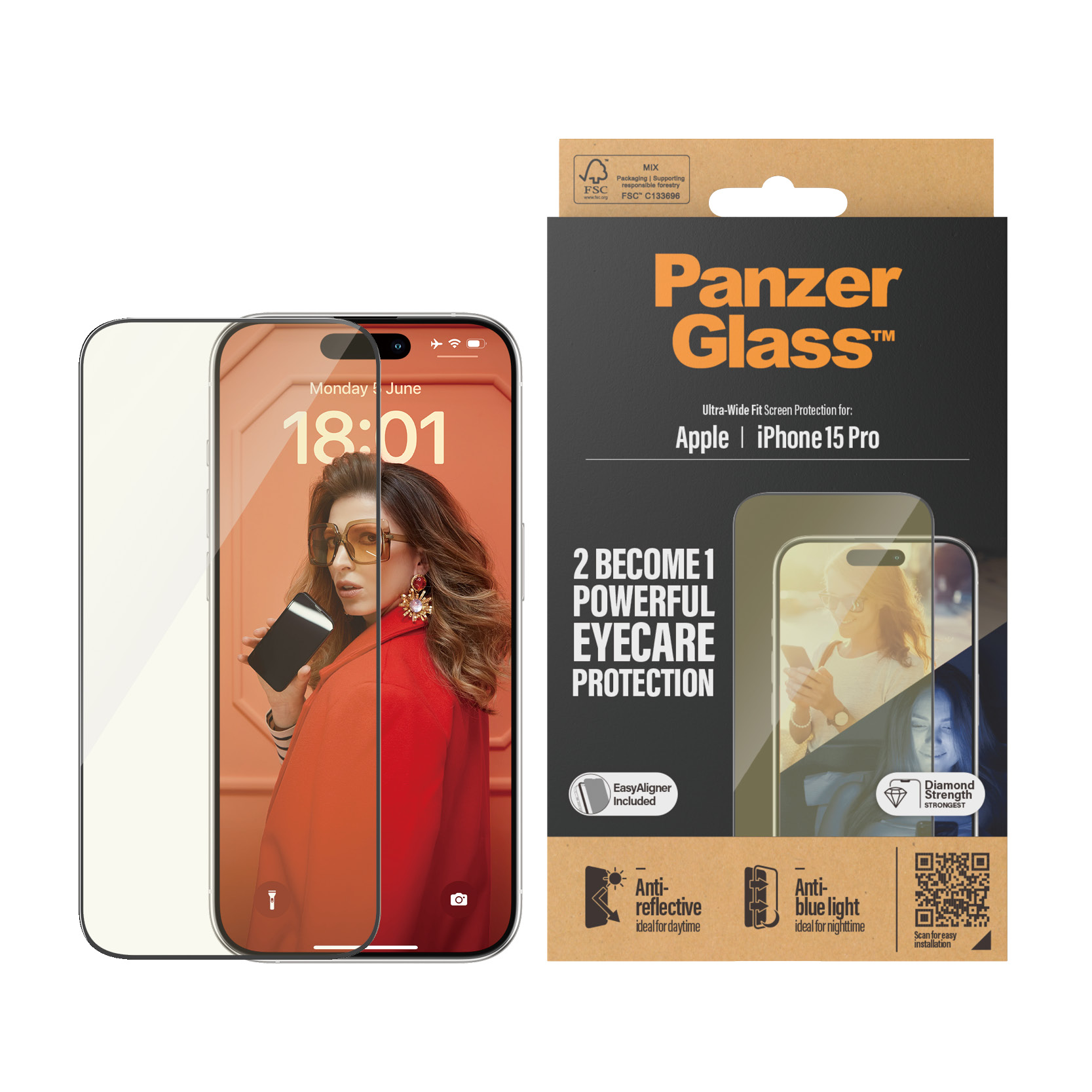 PanzerGlass iPhone 15 Pro Eyecare Skjermbeskytter (with EasyAligner) Ultra Wide Fit