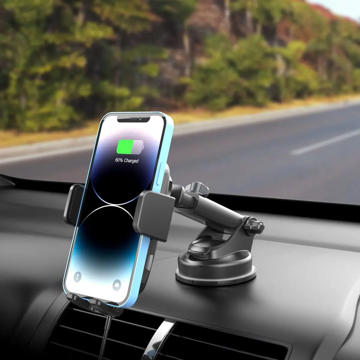 Mobilhållare med trådlös Qi-laddning för bilen med sugpropp Svart