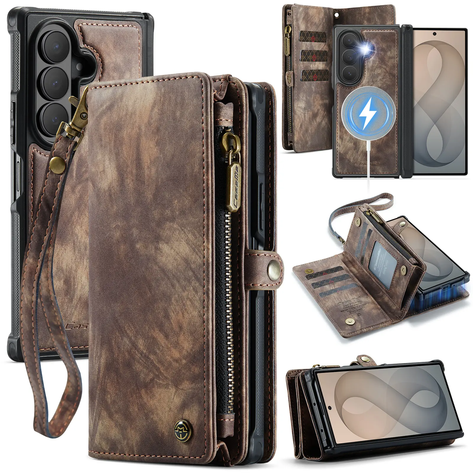 Samsung Galaxy Z Fold 8 Ultra Rymligt plånboksfodral med många kortfack, Brun