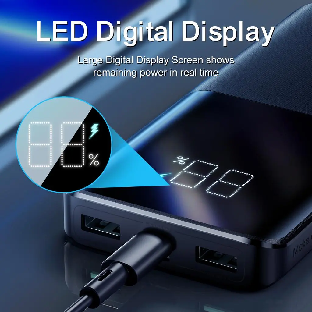 Supersnabb LED Powerbank 10000 mAh 22.5W - Trippel utgång Svart