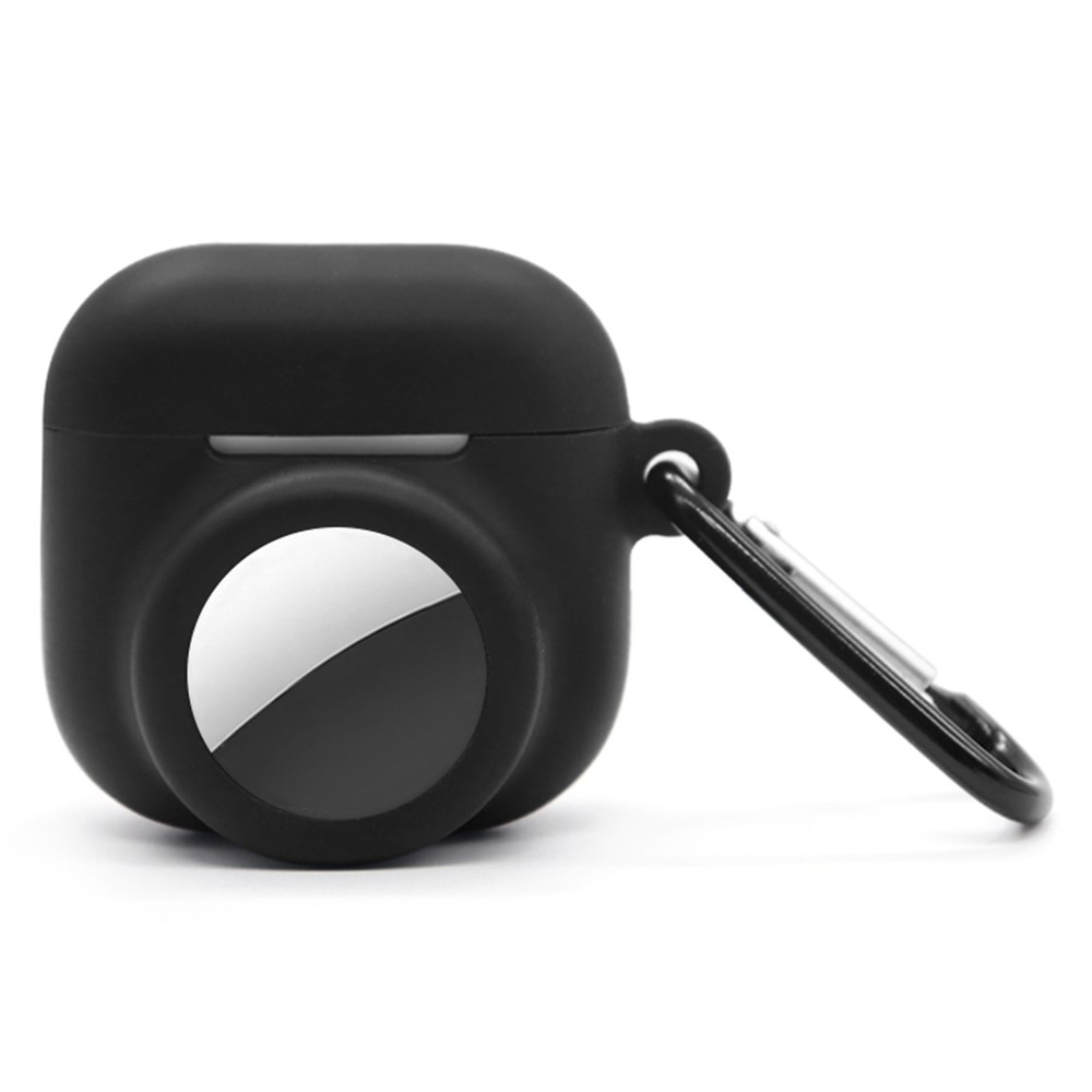 Apple AirPods 4/AirTag Silikondeksel med AirTag-holder + karabinkrok, Svart